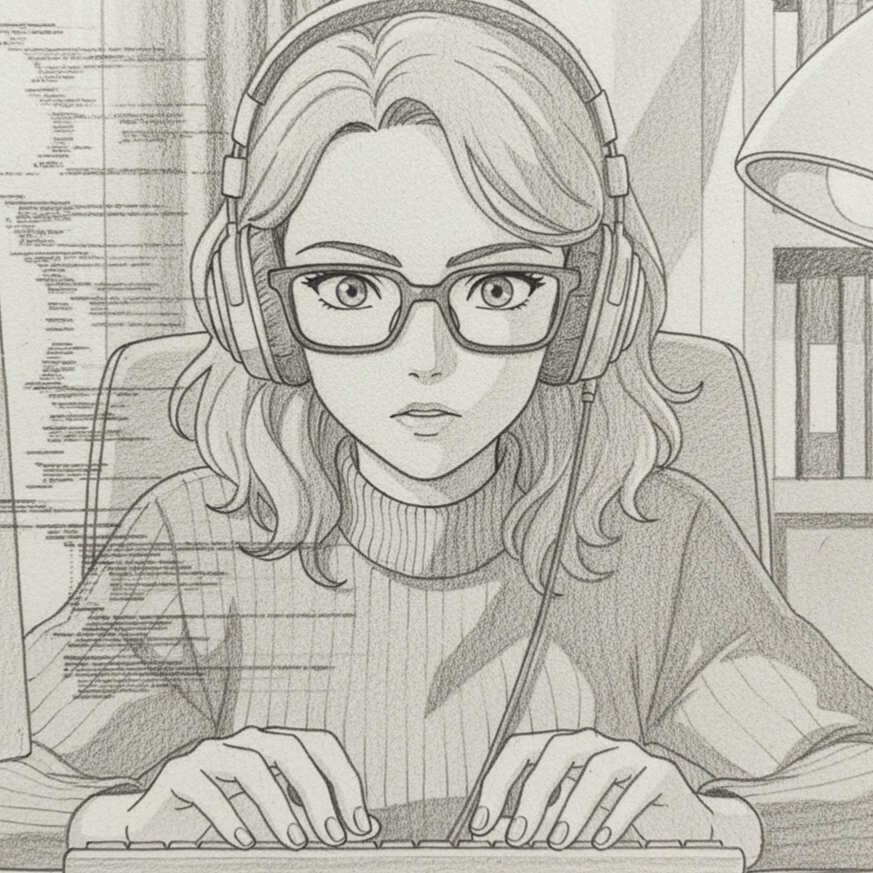 Girl behind computer sketch.