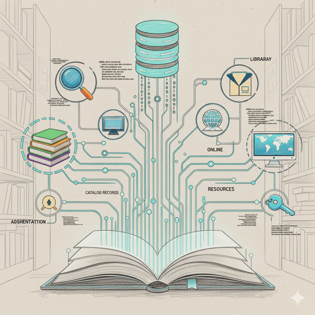 Sketch of a visual presentation of a library database. AI.